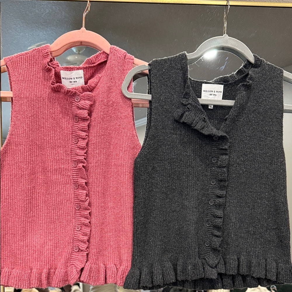 Willow & Wind Ruffle Trim Sleeveless Cardigan - Pink & Charcoal